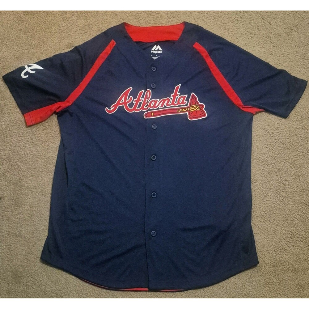Atlanta Braves MLB Majestic Baseball Jersey Blue Red Button Up Men's Size Large